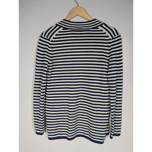 Talbots Navy Blue White Stripe Sz SP Open Cardigan Sweater Nautical Lambswool 91 - Picture 2 of 6
